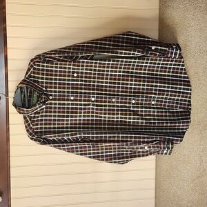 EUC Orvis men's button down shirt small Fall brown orange yellow plaid